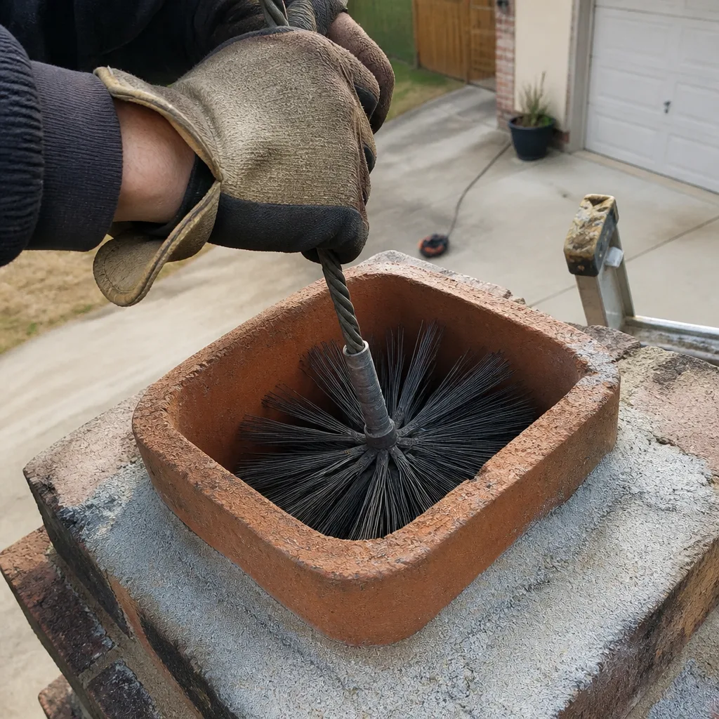 Professional chimney sweep cleaning a chimney flue with a wire brush