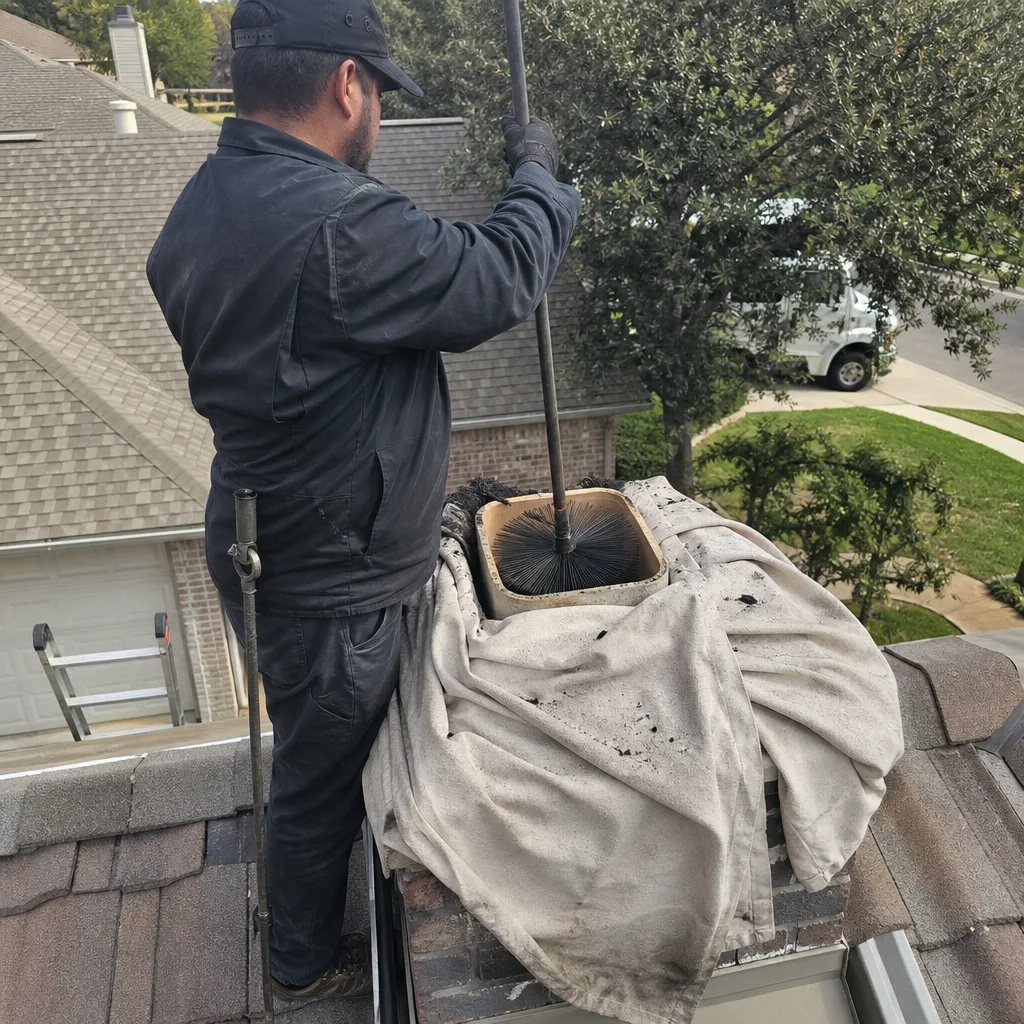 Professional chimney sweep cleaning a chimney flue on a rooftop