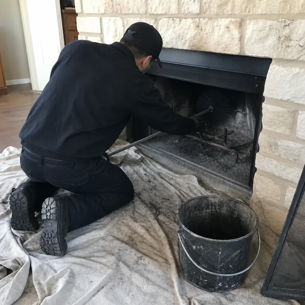 Professional chimney sweep cleaning soot from a residential stone fireplace
