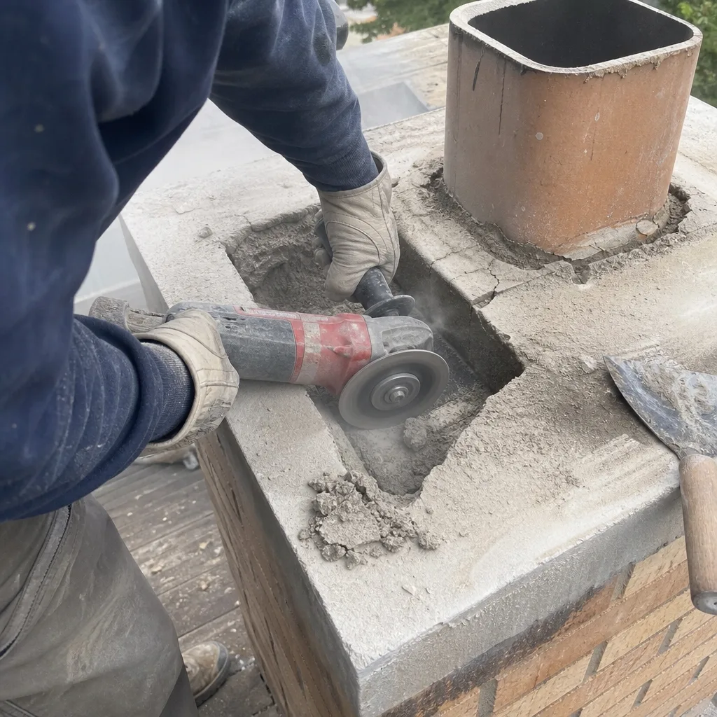 Technician using an angle grinder to repair a chimney masonry crown