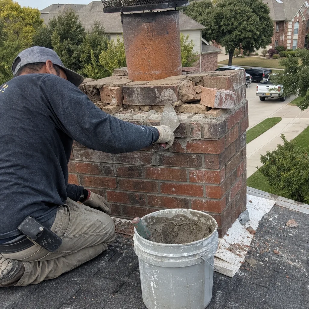 Professional mason performing expert chimney brick repair on a roof
